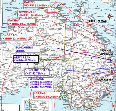 Map of Australia indicating the position of various 6mtr band repeaters and beacons within Queensland. Year: 2002